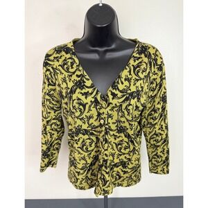 Irka Women's Silk Blend V-Neck Button Front Top Yellow Black Size Small